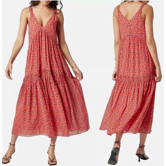 JOIE Tea Rose Red Floral Sleeveless Tiered Cotton Maxi Dress Large NWT - Picture 1 of 16